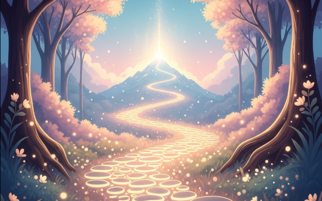 A gentle illuminated path through a flowering forest, from the original counselling page